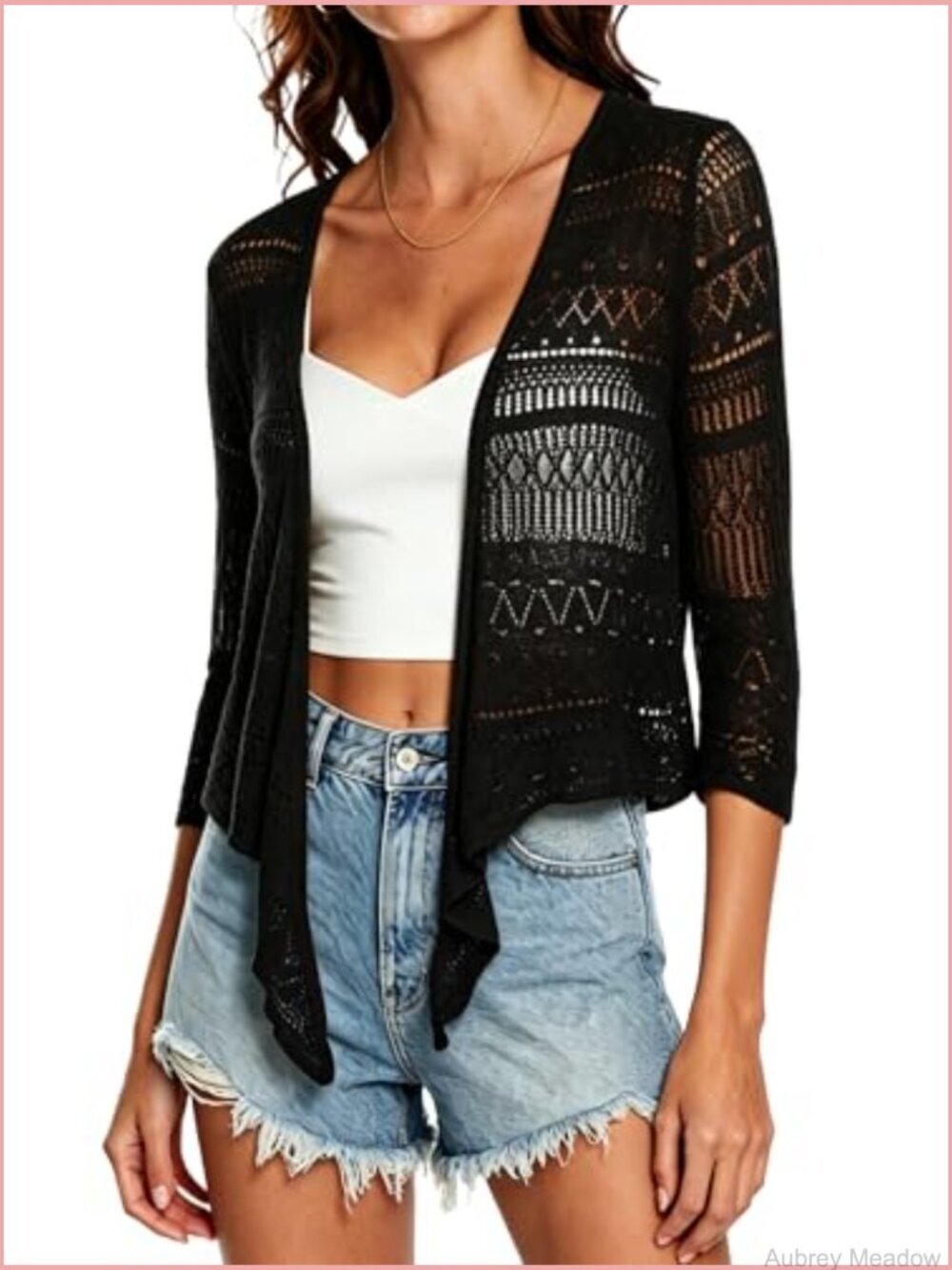 Crochet Tie Front Sheer Shrug Cardigan 3/4 Sleeve Lightweight Summer - Picture 4 of 7